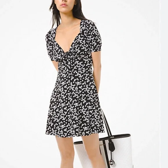 Michael Kors | Dresses | Michael Kors Petal Matte Jersey Dress Black  Stretch Skater Heart Print Tie Front | Poshmark